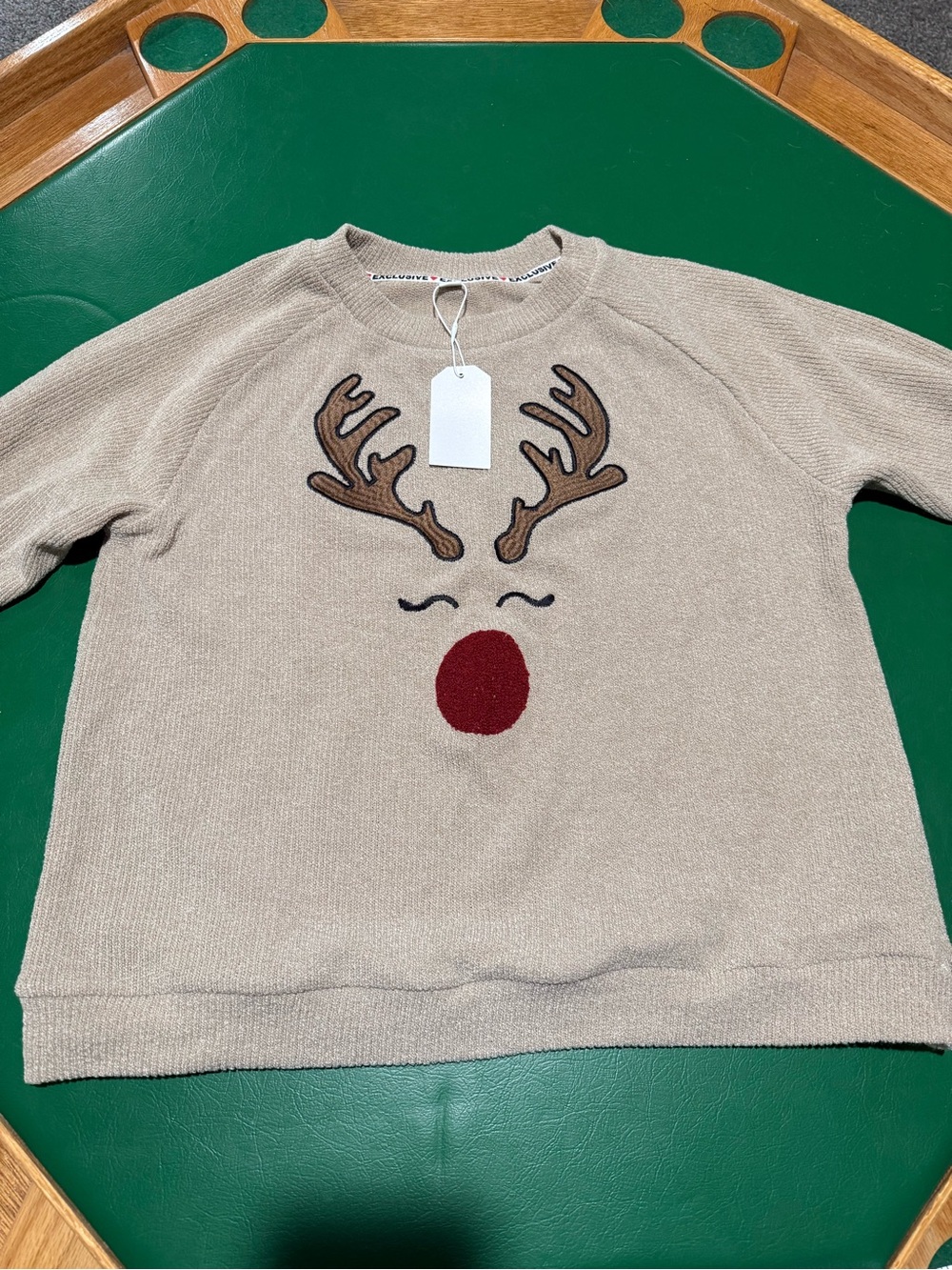 Beige Reindeer Ugly Christmas Sweater with Red Nose size L